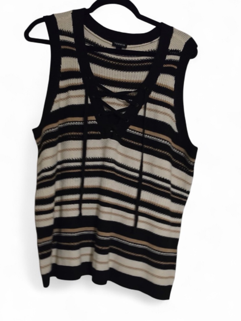 Torrid Black and Cream Striped Lace-Up Knit Tank